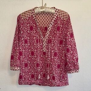 VINEYARD VINES WOMENS TUNIC PINK WHITE V NECK FLORAL GEOMETRIC PRINT
